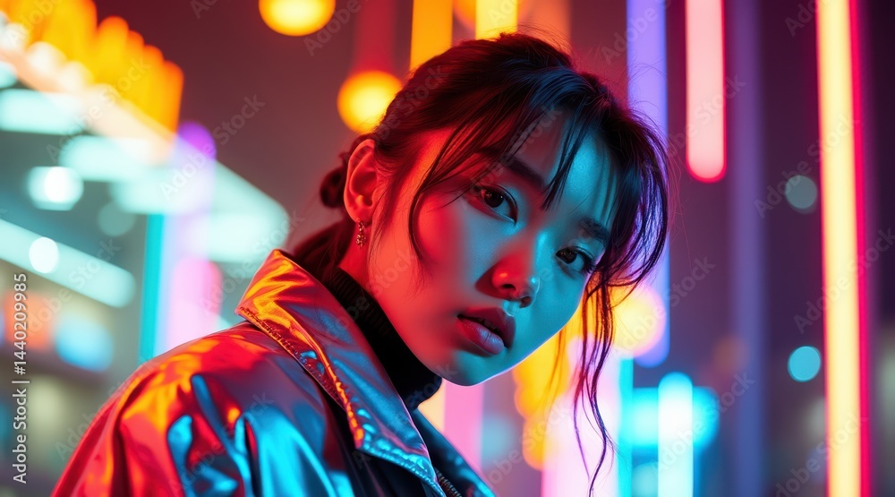 A young woman in a shiny jacket stands amidst vibrant neon lights, creating a colorful, futuristic city nightlife atmosphere.