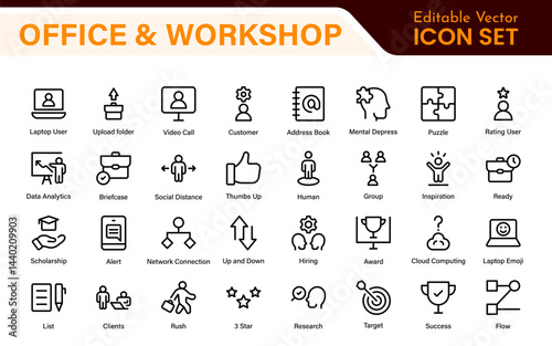 Workshop and Office related outline icon collection. Editable line icon set.