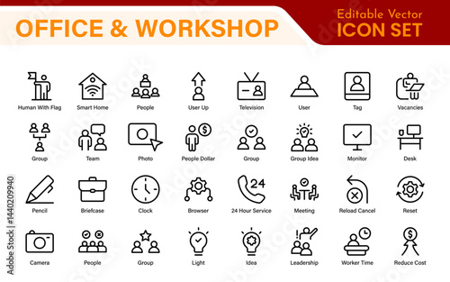 Workshop and Office related outline icon collection. Editable line icon set.