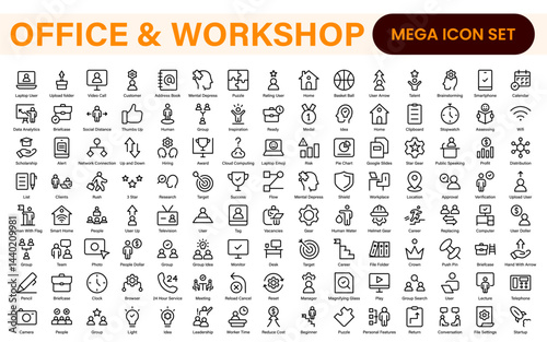 Workshop and Office related outline icon collection. Editable line icon set.