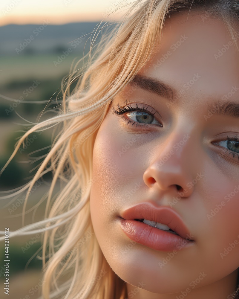 A young woman with blonde hair gazes softly at the camera, bathed in warm natural light outdoors.