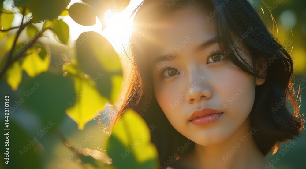 A young woman stands among green leaves, sunlight softly illuminating her face, creating a serene and natural atmosphere.