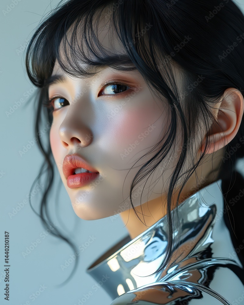 A young woman with luminous skin and glossy lips gazes over her shoulder, wearing a futuristic silver collar against a soft background.