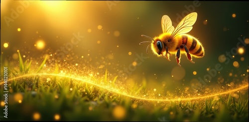 A bee hovers above glowing grass in golden sunlight, surrounded by sparkling particles and a magical, dreamy atmosphere.