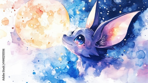 Watercolor fantasy illustration of a cute bat with big shiny eyes gazing at a bright full moon in the sky, surrounded by soft clouds. Whimsical and child-friendly style.