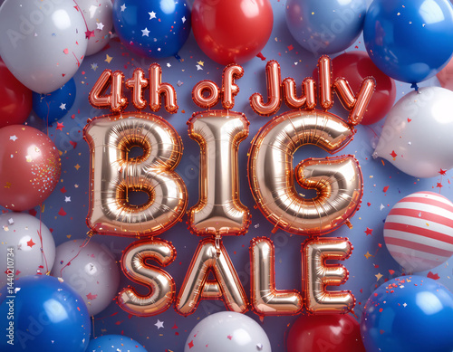 Festive Independence Day Sale: A vibrant arrangement of patriotic red, white, and blue balloons forms a celebratory backdrop, with a dazzling 