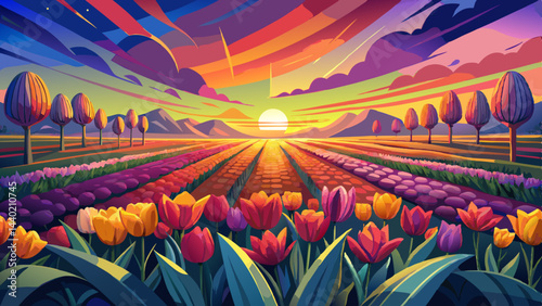 Very beautiful Vibrant sunset over a tulip field with golden hour lighting casting a warm glow over colorful spring flowers in a picturesque natural setting