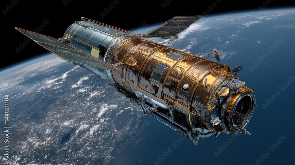 Fototapeta premium Satellite orbiting Earth, detailed view showing solar panels and antennas against a night sky backdrop.