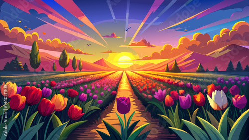 Very beautiful Vibrant sunset over a tulip field with golden hour lighting casting a warm glow over colorful spring flowers in a picturesque natural setting