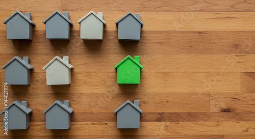 Multiple wooden houses with single green house highlighted on wooden background for market stand out concept