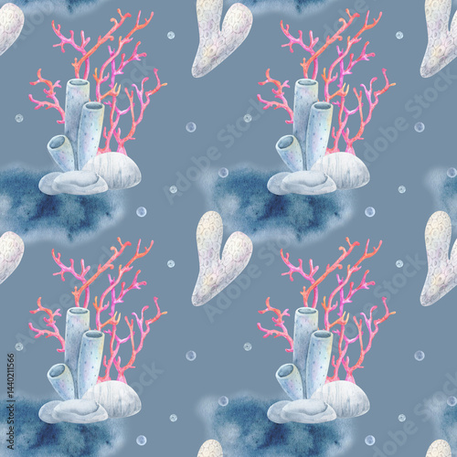 Seamless watercolor pattern of coral reef elements with pink corals, tube sponges, and sea stones on a blue background. Perfect for marine designs, fabrics, and packaging.