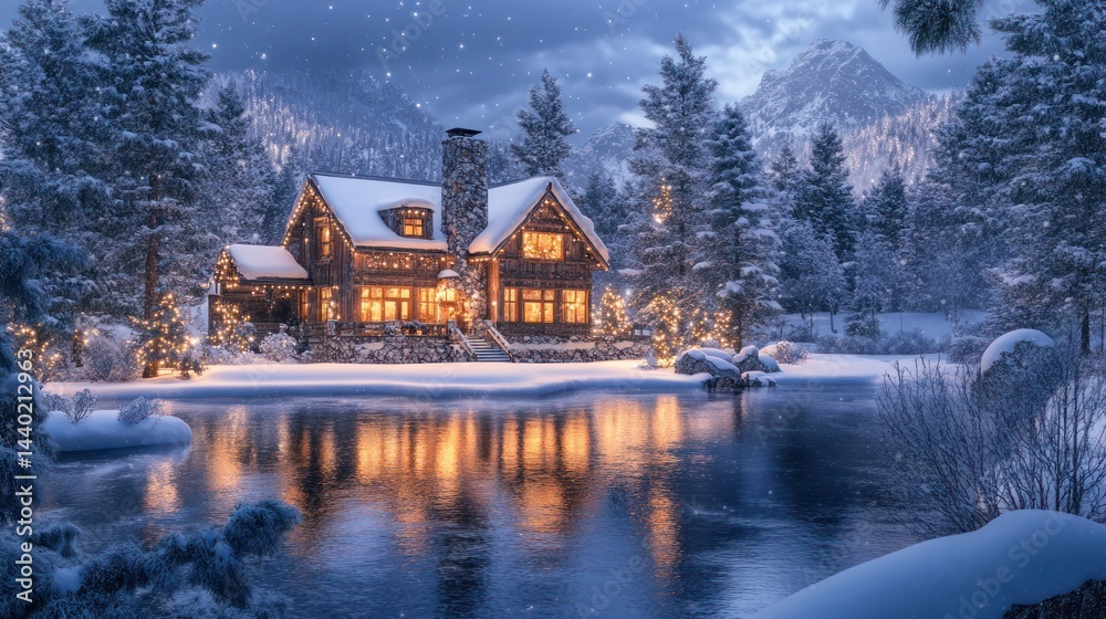 Fototapeta premium Winter haven: Serene cottage reflecting in icy lake during a snowy twilight