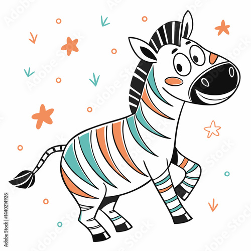 Adorable Cartoon Zebra with Colorful Stripes Teal and Orange