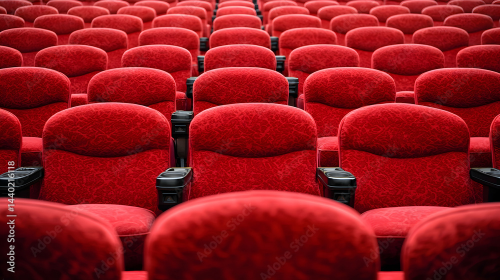 Fototapeta premium Rows of Empty Red Theater Seats in a Movie Cinematic Environment