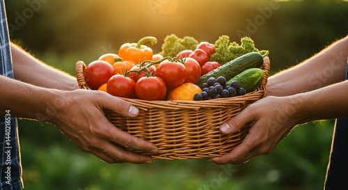 Close-up of two hands exchanging a basket of freshly harvested organic fruits and vegetables, representing community-supported agriculture and farm-to-fork cooperation
