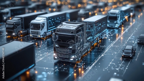 Futuristic autonomous trucks on a smart highway, connected by digital network.
