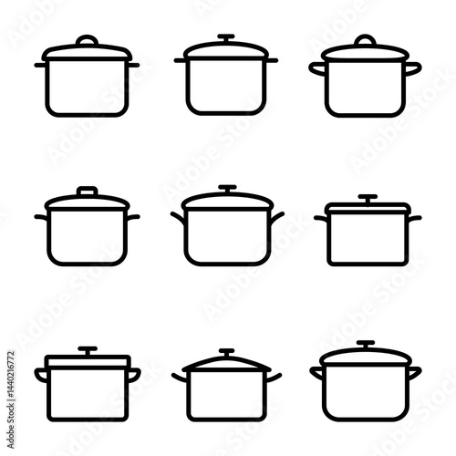 Illustration showing a set of black icons of saucepans with lids, on a white background
