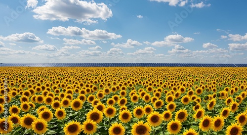 A scenic field of sunflowers with a backdrop of solar panels on the horizon, representing synergy between agriculture and renewable energy photo