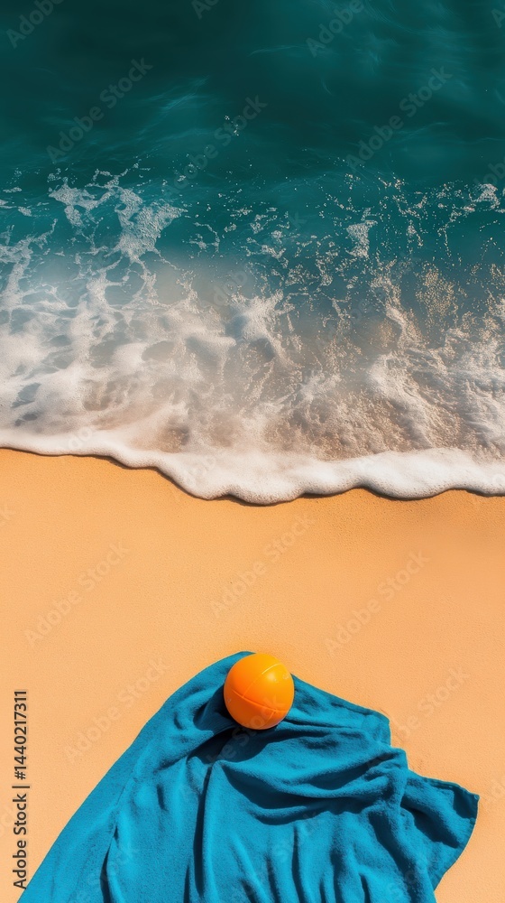 Naklejka premium Radiant orange ball resting on soft blue towel amidst golden sand and foamy turquoise ocean waves blissful scenic view