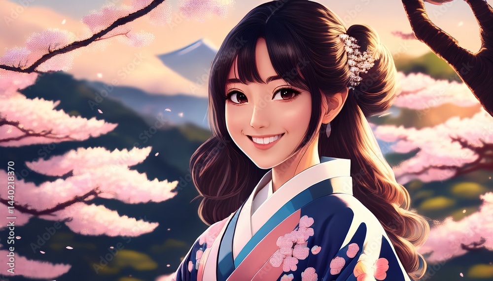 Manga-Mädchen im Kimono (Kirschblüten)