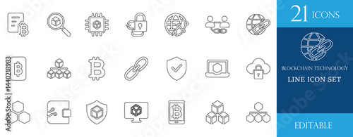 Clean and minimal line icon set of blockchain technology, cryptocurrency, bitcoin, fintech, digital security, and decentralized network. Perfect for digital finance and technology projects
