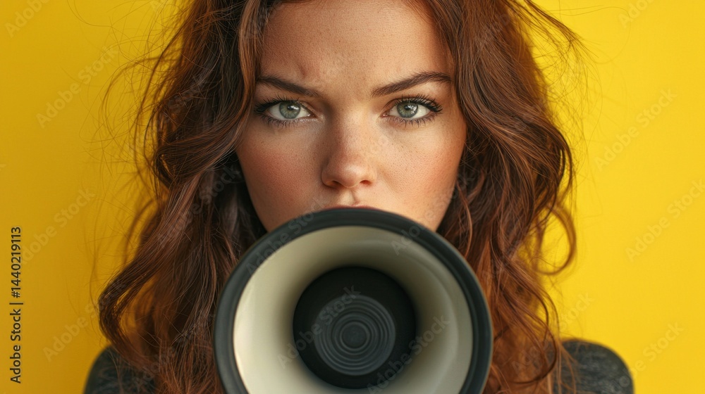 Fototapeta premium A woman with brown hair and green eyes is holding a microphone