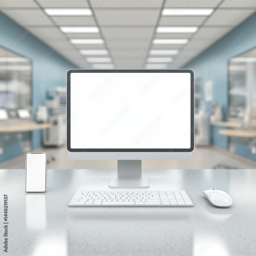 Modern Technology Desktop Computer and Mobile Phone with White Screen Mockup in a Clinic Setting Modern Technology Desktop Computer and Mobile Phone with White Screen Mockup in a Clinic Setting