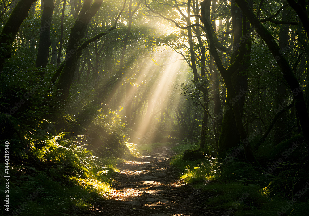 Fototapeta premium Sunlight streaming through forest trees, illuminating a peaceful pathway, natural landscape.