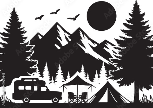 "Camping Adventure Silhouette – Campfire, RV, and Mountain Scene"

"Outdoor Camping Vector Art – Tent, Camper, and Forest Landscape"

"Wilderness Camping Silhouette – Nature, Fire, and Travel Graphic"
