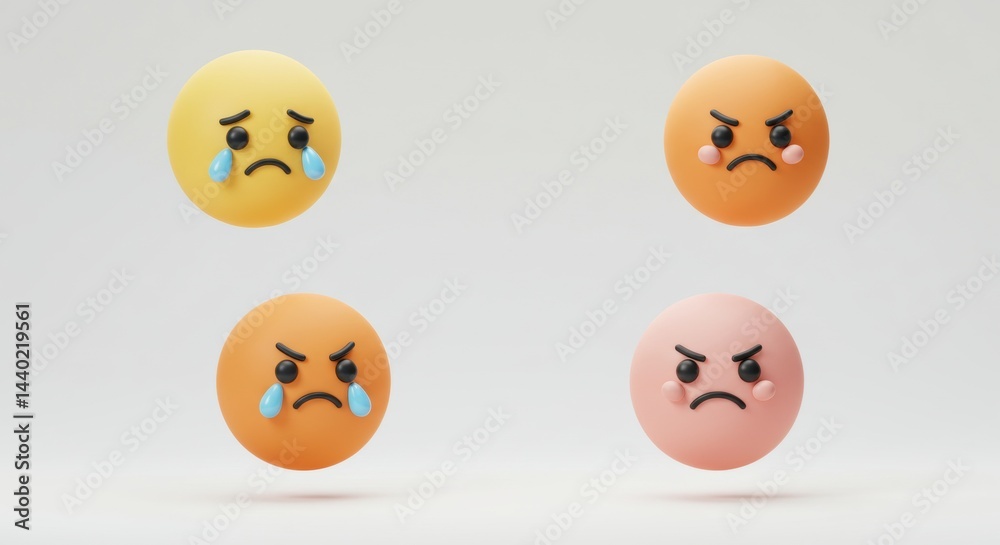 Fototapeta premium Textured spheres expressing sadness and anger, color variations, isolated.