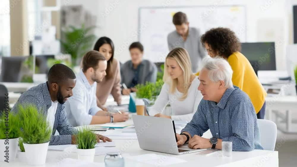 A diverse team collaborates in a bright office space A diverse team collaborates in a bright office space