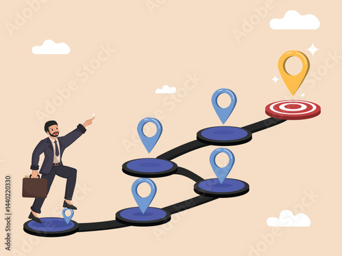 Achieving Business Goals Visual representation of a man following a roadmap with milestones to reach a target.