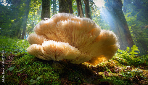the rare edible lion s mane mushroom hericium erinaceus pruikzwam in the forest beautifully radiant big giant mushroom generative ai photo