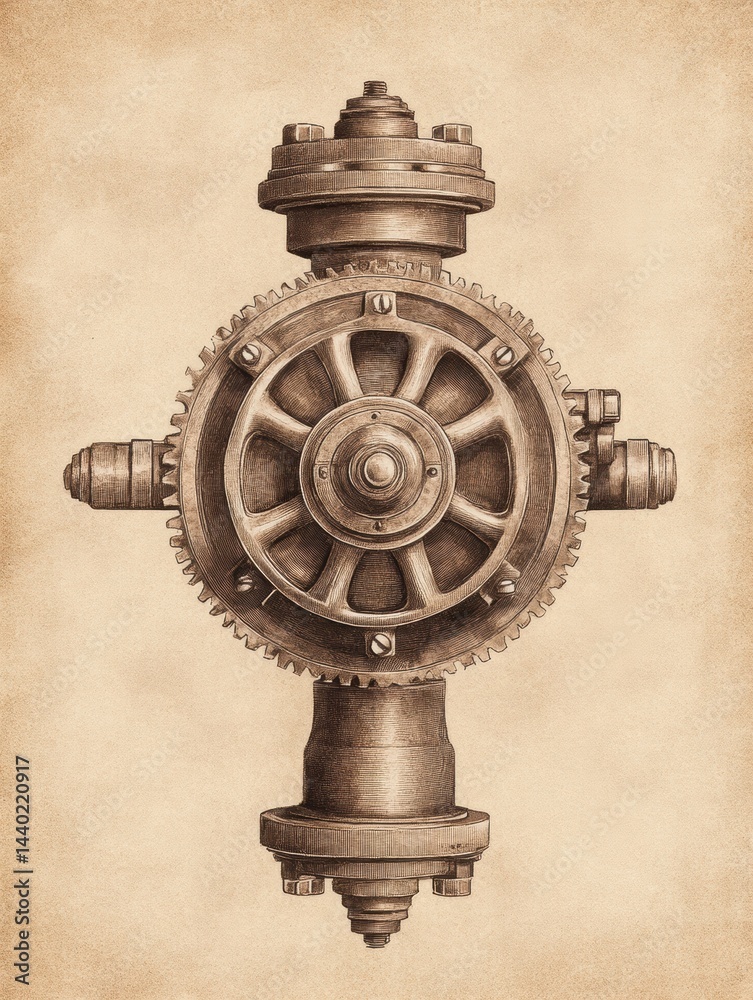 Fototapeta premium Steampunk Engine Design A Vintage Industrial Illustration Technical Drawing Detailed Gear Mechanism On Parchment