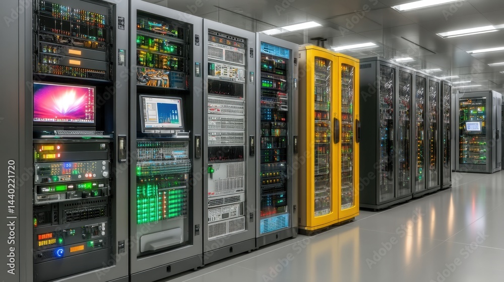 Rows of server racks in a modern data center, illuminated by bright lights, showcasing technological infrastructure. Rows of server racks in a modern data center, illuminated by bright lights, showcasing technological infrastructure.