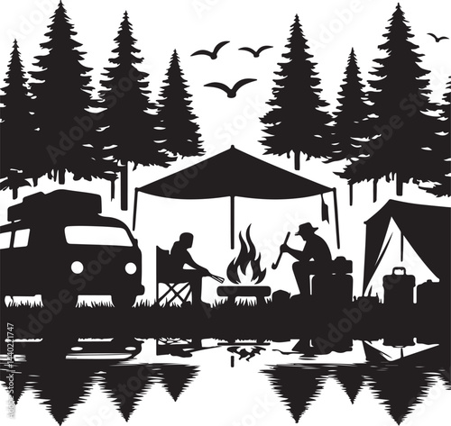 "Camping Adventure Silhouette – Campfire, RV, and Mountain Scene"

"Outdoor Camping Vector Art – Tent, Camper, and Forest Landscape"

"Wilderness Camping Silhouette – Nature, Fire, and Travel Graphic"