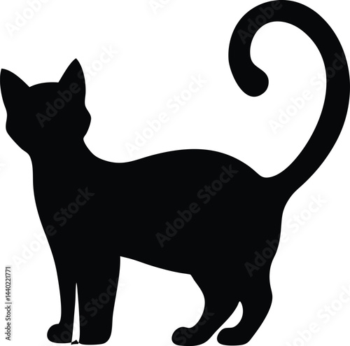 Elegant silhouette of a black cat with a distinctive curled tail