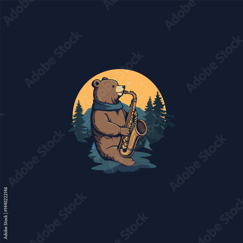 Bear playing saxophone in the forest design vector template illustration