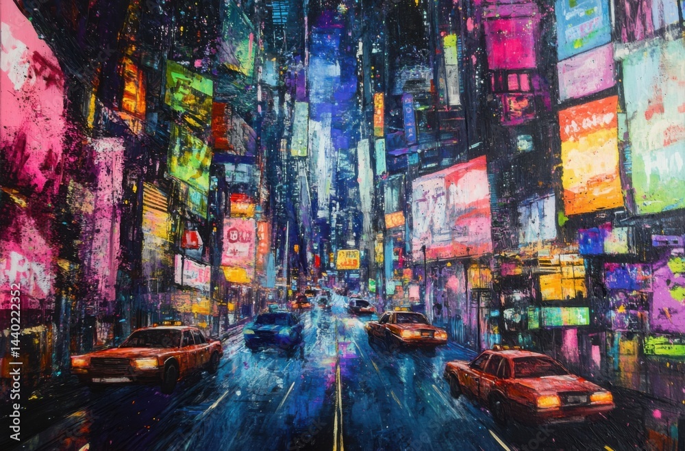 Obraz premium Cyberpunk nightscape with layered city structures, pulsing neon advertisements