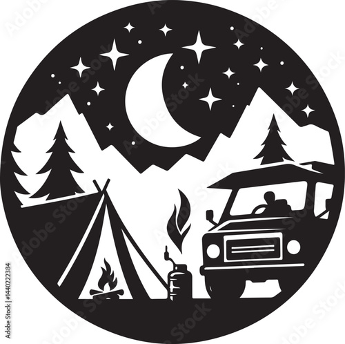 "Camping Adventure Silhouette – Campfire, RV, and Mountain Scene"

"Outdoor Camping Vector Art – Tent, Camper, and Forest Landscape"

"Wilderness Camping Silhouette – Nature, Fire, and Travel Graphic"