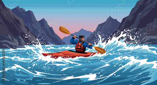 Kayaker navigating white water against rocky mountains  