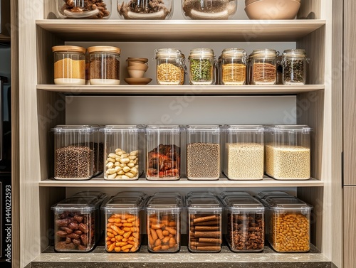 Organized food storage with clear containers and jars on a wooden kitchen pantry shelf full view