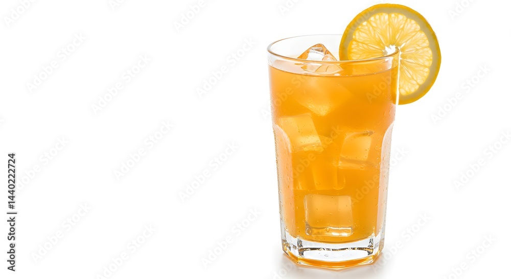 Delicious and refreshing citrus drink with ice and a lemon slice in a glass.