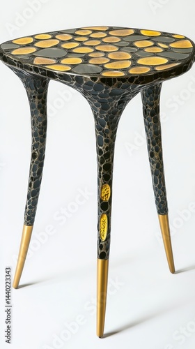 Elegant low occasional table with three legs in black and gold mosaic design on a white background interior studio shot