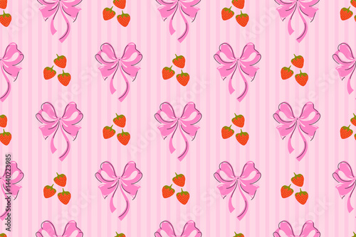 Cute red strawberries, pink coquette bows seamless pattern design with pink color striped texture print background