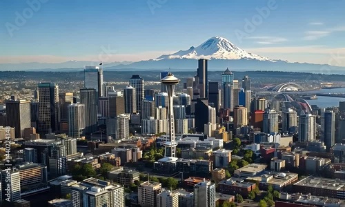 Aerial view of Seattle skyline with Space Needle and snowy mountain in the background.