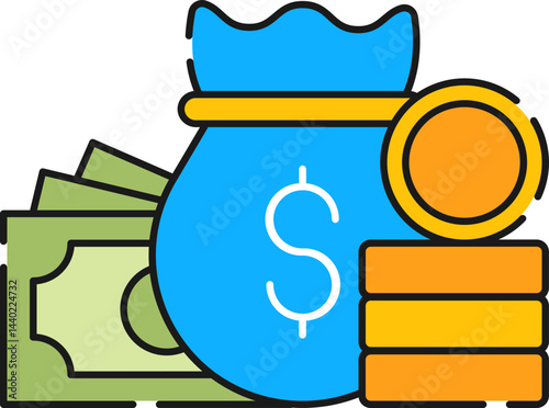 Money Bag Illustration Featuring Cash Bills and Stacks of Coins Representing Financial Wealth and Prosperity