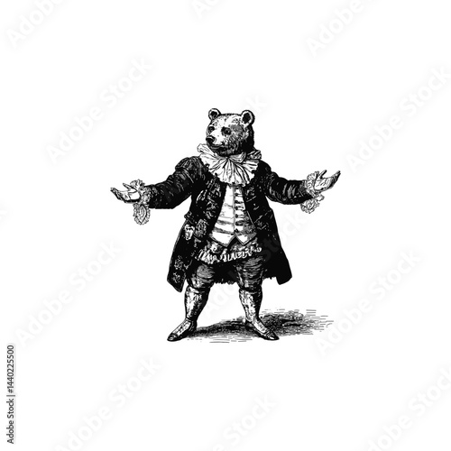 Bear aristocrat in 17th-18th century clothes vintage design vector template illustration