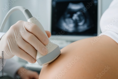 Doctor performing ultrasound scan on pregnant woman's belly