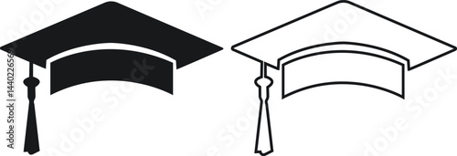 Graduation hat cap flat and outline icons set. Academic degree pictogram vectors. Graduation student black cap, diploma sign. University graduation ceremony symbols isolated on transparent background.